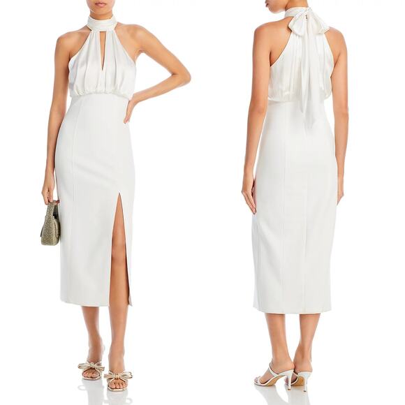 NWT CINQ A SEPT Emerie Dress Ivory Size 4 Satin High Neck Bow French Sexy Chic - Picture 1 of 16